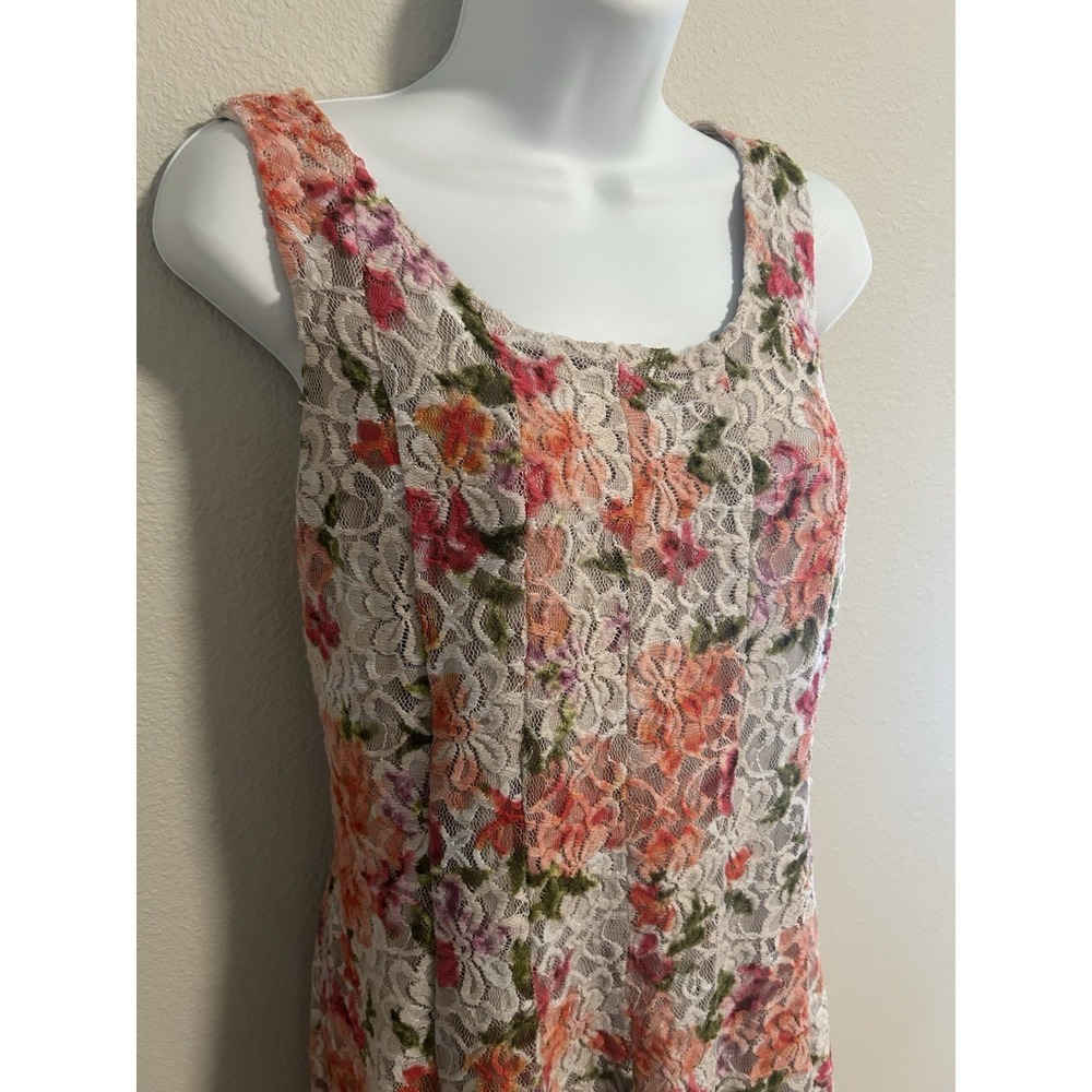 Floral Splash Lace Dress~ L~ Sleeveless Gored Fit & Flare Tea Party Fem Fairy - Picture 3 of 16